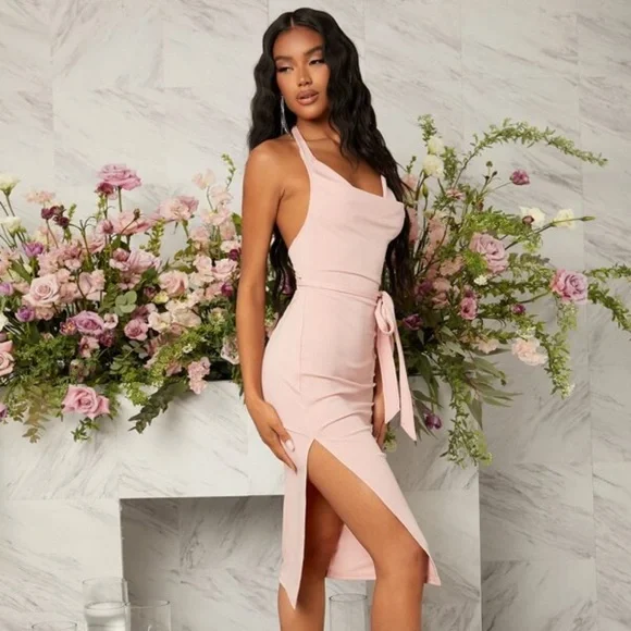 SHEIN Dresses Shein Pink Halter Neck Split Thigh Backless Tie